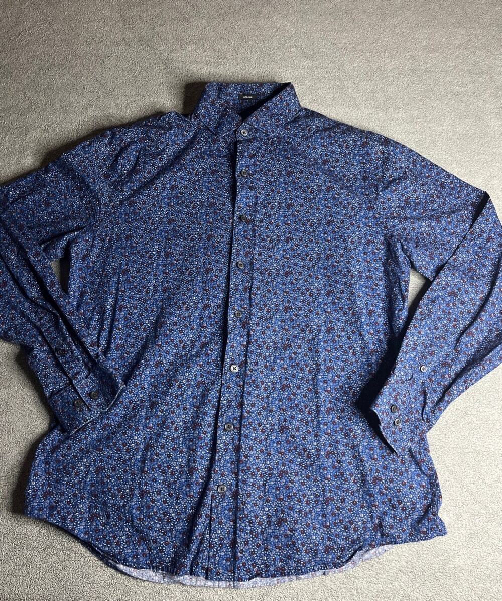 Express Men's Blue Floral Extra Slim Fit Dress Shirt Long Sleeve Size L 16-161/2